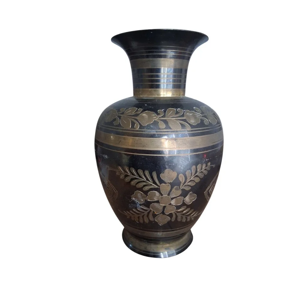 Vintage Floral Leafy Etched Brass Vases‎ Made in India Home Decor